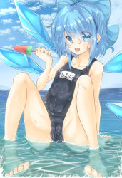 Rule 34 | 1girl, alternate costume, barefoot, blue bow, blue eyes, blue hair, blue sky, blush, bow, breasts, cameltoe, cirno, cloud, commentary request, day, eyes visible through hair, food, full body, hair between eyes, hair bow, highres, hyper muteki (ningen no kuzu), ice, ice wings, looking at viewer, m legs, name tag, open mouth, outdoors, popsicle, school swimsuit, short hair, sky, small breasts, solo, spread legs, swimsuit, toes, tongue, tongue out, touhou, water, watermelon bar, wings