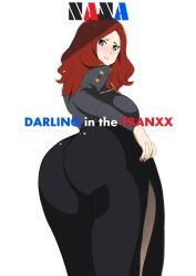 Rule 34 | 10s, 1girl, :d, absurdres, aqua eyes, ass, black skirt, blouse, blush, breasts, character name, copyright name, darling in the franxx, from behind, furrowed brow, grey shirt, highres, huge ass, large breasts, long skirt, long sleeves, looking back, nana (darling in the franxx), necktie, nose blush, open mouth, parted bangs, red hair, red necktie, shirt, short necktie, side slit, simple background, skirt, smile, solo, tonotyama, wavy hair, white background, wide hips