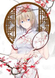 Rule 34 | 1girl, blonde hair, blurry, blurry foreground, branch, breasts, china dress, chinese clothes, diao mao de yu shushu, dress, eyebrows hidden by hair, flower, hair behind ear, hand fan, head tilt, highres, holding, holding fan, looking at viewer, medium breasts, olivia (mobseka), otome game sekai wa mob ni kibishii sekai desu, parted lips, red flower, smile, solo, white dress