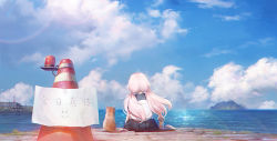Rule 34 | 1girl, andychen, blue sky, cat, chromatic aberration, cloud, day, facing away, from behind, holding, horizon, island, long hair, low twintails, ocean, original, outdoors, pleated skirt, red cat, scenery, seascape, sitting, skirt, sky, solo, traffic cone, translation request, twintails, white hair