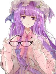 Rule 34 | 1girl, blue bow, blunt bangs, bow, crescent, crescent hat ornament, dress, expressionless, hands up, hat, hat ornament, highres, holding, holding removed eyewear, kurozu piroo, long hair, long sleeves, looking at viewer, mob cap, nail polish, parted lips, patchouli knowledge, pink bow, pink dress, pink hat, purple eyes, purple hair, purple nails, sidelocks, simple background, sleeves past wrists, solo, touhou, unworn eyewear, upper body, very long hair, white background