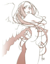 Rule 34 | 1girl, angel, angel wings, blush, covering privates, covering breasts, embarrassed, kyo (kuroichigo), long hair, monochrome, nude, open mouth, original, ponytail, sideways, simple background, solo, v-shaped eyebrows, white background, wings