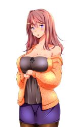 Rule 34 | 1girl, bare shoulders, black pantyhose, breast hold, breasts, brown hair, cleavage, collarbone, engetsu rin, female focus, highres, jewelry, large breasts, long hair, looking at viewer, mature female, miniskirt, original, pantyhose, purple eyes, red hair, ring, shiny skin, shirt, simple background, skirt, solo, standing, wedding ring, white background