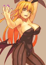 Rule 34 | 1girl, animal ears, arm up, armpits, bare shoulders, blonde hair, blush, breasts, brown eyes, cleavage, collarbone, demon wings, fake animal ears, fang, grey background, large breasts, leotard, long hair, looking at viewer, low wings, nail polish, open mouth, original, outstretched arm, pantyhose, playboy bunny, polka dot, rabbit ears, rabbit tail, simple background, solo, striped clothes, striped pantyhose, tail, vertical-striped clothes, vertical-striped pantyhose, wings, yuuji (and)