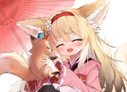 Rule 34 | 1girl, :d, animal, animal ear fluff, animal ears, arknights, blonde hair, blush, closed eyes, commentary request, flower, fox, fox ears, fox girl, fox tail, hair flower, hair ornament, hairband, hehehzb, holding, holding animal, japanese clothes, kimono, kitsune, kyuubi, long sleeves, multicolored hair, multiple tails, official alternate costume, oil-paper umbrella, open mouth, pink kimono, red hairband, red umbrella, smile, solo, suzuran (arknights), suzuran (yukibare) (arknights), tail, two-tone hair, umbrella, white hair, wide sleeves