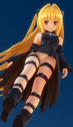 Rule 34 | 1girl, 3d, blonde hair, boots, detached sleeves, from below, konjiki no yami, long hair, looking down, mm-star, panties, red eyes, solo, thigh strap, to love-ru, twintails, two side up, underwear, upskirt, very long hair