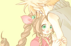 Rule 34 | 1990s (style), 1boy, 1girl, aerith gainsborough, bad id, bad pixiv id, blonde hair, bow, braid, brown hair, choker, cloud strife, cropped jacket, earrings, final fantasy, final fantasy vii, green eyes, hair ribbon, jewelry, long hair, momen102, pink bow, ponytail, retro artstyle, ribbon, simple background, single braid, turtleneck, yellow background