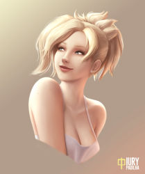 Rule 34 | 1girl, bare shoulders, blonde hair, blue eyes, breasts, brown background, casual, cleavage, collarbone, earrings, eyelashes, gradient background, high ponytail, iury padilha, jewelry, lavender shirt, lips, looking to the side, medium breasts, mercy (overwatch), mole, mole on arm, no wings, nose, overwatch, overwatch 1, portrait, red lips, shirt, short hair, sleeveless, sleeveless shirt, smile, solo, spaghetti strap, stud earrings, tan background