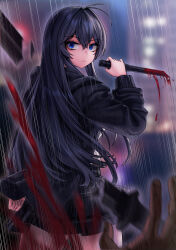 Rule 34 | 1girl, ahoge, back, black hair, black jacket, blood, blood splatter, bloody weapon, blue eyes, blurry, blurry background, broken, broken weapon, cain (gunnermul), city lights, clenched hand, closed mouth, cowboy shot, emphasis lines, hair between eyes, hand up, highres, holding, holding knife, jacket, knife, long hair, looking at viewer, looking back, night, night sky, original, out of frame, outdoors, plaid, plaid skirt, pleated skirt, reverse grip, skirt, sky, weapon