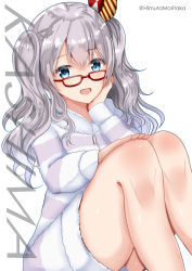Rule 34 | 1girl, absurdres, alternate costume, bespectacled, blue eyes, commentary request, glasses, grey hair, hand on own face, highres, himura moritaka, jacket, kantai collection, kashima (kancolle), shorts, sidelocks, sitting, solo, striped clothes, striped jacket, striped shorts, twintails, wavy hair