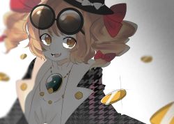 Rule 34 | 1girl, bow, coat, coin, commentary request, dress, drill hair, eyewear on head, gold, grey background, hat, hat bow, high collar, highres, hyaku paasento, jacket, jewelry, light brown hair, long sleeves, mini hat, mini top hat, necklace, open mouth, orange eyes, patterned clothing, pendant, purple coat, purple jacket, ribbon, round eyewear, simple background, sunglasses, top hat, touhou, twin drills, white dress, wide sleeves, yorigami jo&#039;on