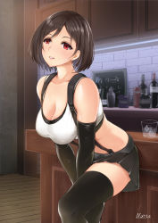 Rule 34 | 1girl, alcohol, alternate hair length, alternate hairstyle, arms between legs, bar (place), bare shoulders, black skirt, black thighhighs, bob cut, bottle, breasts, brown hair, cleavage, collarbone, counter, covered navel, crop top, cup, drinking glass, earrings, elbow gloves, final fantasy, final fantasy vii, final fantasy vii remake, gloves, hair between eyes, jewelry, large breasts, long hair, looking at viewer, miniskirt, norte, parted lips, pleated skirt, red eyes, seventh heaven, short hair, skirt, solo, square enix, suspender skirt, suspenders, swept bangs, tank top, thighhighs, tifa lockhart, v arms, white tank top, zettai ryouiki