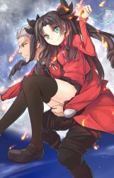 Rule 34 | 1boy, 1girl, archer (fate), black thighhighs, brown hair, fate/stay night, fate (series), full moon, green eyes, grey hair, hair ribbon, highres, jewelry, lai (laikairan), mary janes, moon, ribbon, shoes, thighhighs, tohsaka rin, two side up, zettai ryouiki