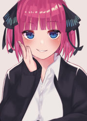 Rule 34 | 1girl, ayama nano, black cardigan, black ribbon, blue eyes, blunt bangs, blush, breasts, butterfly hair ornament, cardigan, go-toubun no hanayome, hair ornament, hand on own cheek, hand on own face, highres, large breasts, looking at viewer, nakano nino, open cardigan, open clothes, pink hair, raised eyebrow, ribbon, shirt, simple background, sleeves past wrists, smile, twintails, white shirt