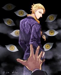 Rule 34 | 1boy, blonde hair, blue eyes, eye focus, jewelry, jin akhr, jojo no kimyou na bouken, male focus, necklace, outstretched hand, pov, prosciutto, solo focus, twitter username