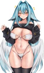 Rule 34 | 1girl, bikini, black shirt, black thighhighs, blue hair, breasts, clothes lift, collarbone, feathered wings, gluteal fold, hair between eyes, hair intakes, highres, large breasts, long hair, low wings, mask, mask bikini, mouth mask, navel, off shoulder, original, shirt, shirt lift, side-tie bikini bottom, sleeves past wrists, smile, solo, surgical mask, swimsuit, thigh gap, thighhighs, white wings, wings, yellow eyes, yuniiho