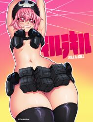 Rule 34 | 1girl, armpits, arms up, belt, black thighhighs, cowboy shot, darkereve, from below, gradient background, harness, jakuzure nonon, kill la kill, matching hair/eyes, navel, nudist beach uniform, pink background, pink eyes, pink hair, shiny clothes, short hair, smile, solo, standing, thighhighs, yellow background