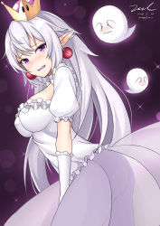 Rule 34 | 1girl, boo (mario), breasts, cleavage, crown, dress, earrings, gloves, jewelry, long hair, looking at viewer, luigi&#039;s mansion, mario (series), medium breasts, new super mario bros. u deluxe, nintendo, pointy ears, princess king boo, puffy short sleeves, puffy sleeves, purple eyes, sharp teeth, short sleeves, signature, solo, super crown, teeth, unel, white dress, white gloves, white hair