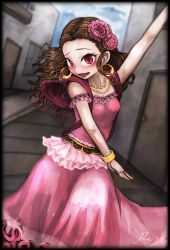 Rule 34 | 10s, 1girl, :d, arm up, artist name, blurry, blurry background, blush, bracelet, brown hair, dancing, depth of field, door, dress, earrings, flower, forehead, hair flower, hair ornament, house, idolmaster, idolmaster cinderella girls, jewelry, long hair, looking at viewer, necklace, open mouth, outdoors, pink dress, ray-k, red eyes, road, seki hiromi, shawl, signature, smile, solo, strapless, strapless dress, street, wavy hair