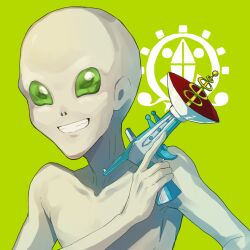 Rule 34 | 1boy, 24mbb, bald, blue hair, colored skin, gnosia, green background, grey skin, grin, happy, looking at viewer, open mouth, shigemichi, simple background, smile, solo, sparkle background, upper body, weapon, yellow eyes