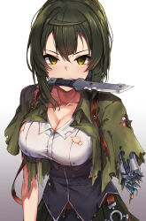 Rule 34 | 1girl, amputee, breasts, cleavage, collarbone, fang, gradient background, green hair, green jacket, hasumushi, highres, jacket, knife, large breasts, looking at viewer, mouth hold, original, prosthesis, prosthetic arm, shirt, short hair, solo, teeth, torn clothes, torn jacket, torn shirt, upper body, upper teeth only, v-shaped eyebrows, white background, white shirt, yellow eyes