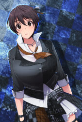 Rule 34 | 1girl, belt, black belt, black jacket, black ribbon, bow, breasts, brown eyes, brown hair, brown necktie, checkered background, closed mouth, collarbone, cowboy shot, dutch angle, hair bow, hair ribbon, idolmaster, idolmaster cinderella girls, idolmaster cinderella girls starlight stage, jacket, james (jms-pnt), jewelry, lace, lace-trimmed skirt, lace trim, large breasts, long sleeves, looking at viewer, multicolored clothes, multicolored skirt, necklace, necktie, oikawa shizuku, ribbon, shirt, short hair, skirt, solo, standing, studded belt, thigh strap, two-tone background, white shirt, wrist belt