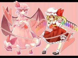 Rule 34 | 2girls, bat wings, blonde hair, blush, bobby socks, collaboration, crossed arms, fang, female focus, flandre scarlet, glowing, glowing wings, hand on own face, hat, heart, highres, letterboxed, light purple hair, long skirt, mary janes, mugura, multiple girls, pasutel, red eyes, remilia scarlet, shoes, short hair, siblings, sisters, skirt, smile, socks, striped, striped background, touhou, wallpaper, wings