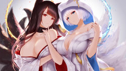 Rule 34 | 2girls, absurdres, akagi (azur lane), alternate costume, an yasuri, animal ears, arm under breasts, azur lane, bad id, bad pixiv id, bare shoulders, blue eyes, blush, breasts, bride, brown hair, choker, cleavage, collarbone, dress, finger to own chin, fire, fox ears, fox tail, highres, hood, japanese clothes, kaga (azur lane), kimono, large breasts, long hair, looking at viewer, multiple girls, multiple tails, official alternate costume, parted lips, red eyes, revision, short hair, sidelocks, skindentation, smile, tail, uchikake, upper body, wedding dress, white hair, wide sleeves, wind