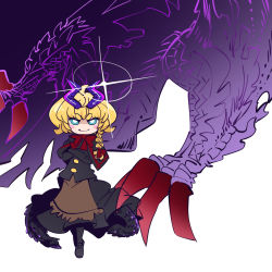Rule 34 | 1girl, apron, black capelet, black gloves, black headwear, black skirt, black vest, blonde hair, blue eyes, blush, bow, bowtie, braid, bright pupils, brown apron, capelet, closed mouth, commentary request, cookie (touhou), crossed arms, full body, gloves, gore magala, gram 9, hair bow, hat, horns, kirisame marisa, looking at viewer, meguru (cookie), monster hunter (series), purple horns, red bow, red bowtie, short hair, single braid, skirt, skirt set, smile, thick eyebrows, touhou, vest, waist apron, white background, white pupils