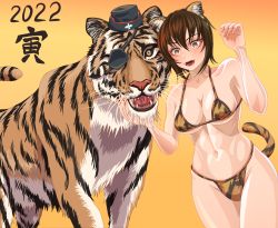 Rule 34 | 1girl, 2022, animal ears, animal print, bikini, black hat, breasts, brown eyes, brown hair, chinese zodiac, claw pose, cleavage, commentary request, eyepatch, fake animal ears, fake tail, fangs, fingernails, garrison cap, girls und panzer, grass, halterneck, hat, highres, kuromorimine military uniform, large breasts, looking at viewer, military hat, navel, new year, nishizumi maho, open mouth, orange background, orange bikini, partial commentary, print bikini, print choker, sharp fingernails, short hair, smile, solo, standing, string bikini, swimsuit, tail, tiger, tiger ears, tiger print, tiger tail, tigern (tigern28502735), year of the tiger