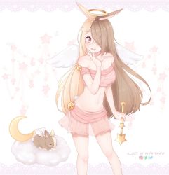 Rule 34 | 1girl, :d, angel wings, animal ears, artist name, bare shoulders, blonde hair, blush, breasts, brown hair, cleavage, collarbone, commentary, crescent moon, deviantart logo, feet out of frame, hair over one eye, halo, highres, holding, holding wand, instagram logo, large breasts, long hair, looking at viewer, moon, navel, open mouth, original, pink eyes, pink skirt, puppypaww, rabbit, rabbit ears, rabbit tail, short sleeves, skirt, smile, solo, star (symbol), tail, twitter logo, wand, white wings, wings