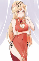 Rule 34 | 1girl, absurdres, alternate costume, bare shoulders, blonde hair, blush, breast hold, breasts, bug, butterfly, china dress, chinese clothes, cleavage, clothing cutout, dress, hair flaps, hair ornament, hairclip, heart, heart-shaped pupils, heart cutout, highres, hip vent, insect, kantai collection, long hair, medium breasts, open mouth, red eyes, saku (kudrove), smile, solo, symbol-shaped pupils, yuudachi (kancolle), yuudachi kai ni (kancolle)