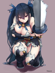 Rule 34 | 1girl, after battle, angry, arm support, bare shoulders, black hair, blue ribbon, breasts, broken, broken sword, broken weapon, cleavage, clenched teeth, commentary, detached collar, detached sleeves, full body, garter straps, hair between eyes, hair ribbon, highres, large breasts, long hair, looking at viewer, neptune (series), noire (neptunia), oekakizuki, panties, pantyshot, red eyes, ribbon, signature, simple background, skirt, solo, squatting, sword, teeth, torn boots, torn clothes, torn legwear, torn skirt, torn sleeves, twintails, underwear, very long hair, weapon, white skirt
