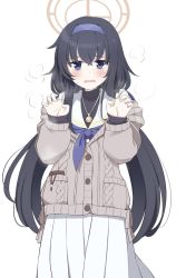 Rule 34 | 1girl, black hair, blue archive, blue eyes, commentary request, hair between eyes, halo, headband, heavy breathing, highres, hoshino ouka, jewelry, long hair, looking at viewer, necklace, open mouth, school uniform, simple background, solo, sweater, ui (blue archive), white background