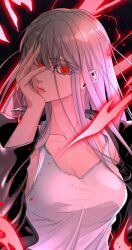 Rule 34 | 1girl, black jacket, black shirt, closed mouth, hand on own hip, hero killer, highres, ihwa (hero killer), jacket, long hair, looking at viewer, open clothes, open jacket, red eyes, serious, shirt, solo, very long hair, white hair