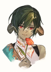 Rule 34 | 1boy, absurdres, au ra, commentary request, cropped torso, curled horns, dragon horns, final fantasy, final fantasy xiv, flower, green hair, hair between eyes, hand up, highres, holding, holding flower, horns, korean commentary, looking at object, male focus, portrait, red eyes, red flower, scales, short hair, simple background, single bare shoulder, smile, solo, varshahn, white background, yuya (ydkc82)