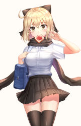 Rule 34 | 1girl, bad id, bad pixiv id, bag, black bow, black scarf, black skirt, black thighhighs, blonde hair, bow, bread slice, breasts, brown background, closed mouth, collared shirt, commentary request, dress shirt, fate/grand order, fate (series), food, food in mouth, hair between eyes, hair bow, hand up, head tilt, highres, koha-ace, medium breasts, mouth hold, okita souji (fate), okita souji (koha-ace), pleated skirt, scarf, school bag, school uniform, seungju lee, shirt, short hair, short sleeves, simple background, skirt, solo, thighhighs, toast, toast in mouth, white shirt, yellow eyes
