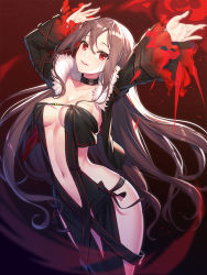 Rule 34 | 1girl, arched back, arms up, black choker, black dress, black jacket, breasts, brown hair, choker, cleavage, collarbone, commentary request, dress, fate/grand order, fate (series), fur-trimmed jacket, fur trim, hair between eyes, head tilt, highres, jacket, long hair, long sleeves, looking at viewer, medium breasts, navel, open clothes, open jacket, parted lips, red eyes, revealing clothes, ririko (zhuoyandesailaer), sleeves past wrists, solo, strapless, strapless dress, very long hair, wide sleeves, yu mei-ren (fate)
