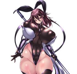 Rule 34 | 1girl, aged down, arm guards, bare shoulders, bouncing breasts, breasts, cameltoe, cleft of venus, covered erect nipples, covered navel, curvy, gauntlets, gloves, hair ribbon, highleg, highleg leotard, holding, holding weapon, huge breasts, leotard, looking at viewer, masachuusa, mature female, mizuki shiranui, nipples, partially visible vulva, polearm, puffy areolae, revealing clothes, ribbon, shiny clothes, shiny skin, short hair, simple background, smile, standing, taimanin (series), taimanin yukikaze, thick thighs, thighhighs, thighs, thong leotard, upper body, weapon, white background