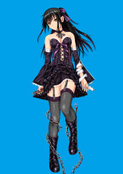 Rule 34 | 1girl, absurdres, ano hito, black hair, blue background, boots, boxcutter, breasts, brown eyes, chain, commentary request, detached sleeves, dress, ero lolita, frilled dress, frills, frown, full body, garter straps, goth fashion, gothic lolita, hair ribbon, highres, holding, lolita fashion, one side up, original, purple dress, purple footwear, purple ribbon, ribbon, short dress, small breasts, solo, thighhighs, zipper