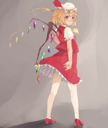 Rule 34 | 1girl, bad id, bad twitter id, blonde hair, blush, crystal, flandre scarlet, from behind, full body, gradient background, grey background, hat, hat ribbon, kikkaiki, looking back, md5 mismatch, mob cap, puffy sleeves, red eyes, resized, ribbon, shirt, shoes, short hair, short sleeves, side ponytail, skirt, skirt set, solo, touhou, upskirt, vest, wings