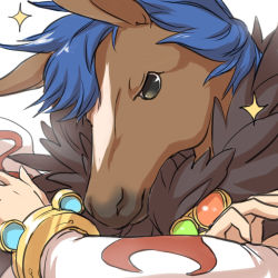 Rule 34 | 1boy, bangle, blue hair, bracelet, closed mouth, commentary request, detached sleeves, fur collar, horse head, jewelry, looking at viewer, male focus, natsuya (kuttuki), ragnarok online, short hair, simple background, solo, sorcerer (ragnarok online), sparkle, upper body, white background, white sleeves