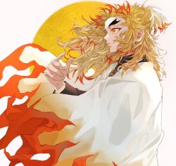 Rule 34 | 1boy, arm up, black sleeves, blonde hair, bright pupils, buttons, cape, commentary request, eyelashes, feet out of frame, fingernails, flame print, forked eyebrows, from side, half updo, katana, kimetsu no yaiba, lips, long hair, long sleeves, multicolored eyes, multicolored hair, mutsu (621300), ponytail, red eyes, red hair, rengoku kyoujurou, school uniform, sidelocks, simple background, smile, solo, sword, two-tone hair, wavy hair, weapon, white background, white cape, white pupils
