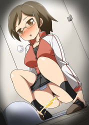 Rule 34 | 1girl, aka nekoza, bathroom, blush, breasts, breath, brown eyes, brown hair, censored, female focus, glasses, gradient background, hair ornament, hairpin, highres, jacket, large breasts, mosaic censoring, open mouth, peeing, ponytail, pubic hair, pussy, slippers, socks, squat toilet, squatting, steam, toilet, track jacket