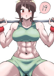 Rule 34 | 1girl, :o, abs, absurdres, bare shoulders, blush, breasts, brown eyes, brown hair, chapter number, character request, collarbone, copyright request, diagonal bangs, exercising, green shorts, green sports bra, highres, kanojo no sore ni yarareteru, large breasts, looking at viewer, medium hair, muscular, muscular female, natsuki shiho, navel, official art, oomi tabi, open mouth, red scrunchie, scrunchie, short shorts, shorts, simple background, solo, sports bra, spread legs, stomach, sweat, weightlifting, white background, wrist scrunchie