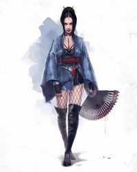 Rule 34 | 1girl, arms at sides, black footwear, black gloves, black hair, blood, bloody weapon, boots, bracelet, breasts, cleavage, fezat, fingerless gloves, fingernails, fishnet pantyhose, fishnets, full body, gloves, highres, holding, holding weapon, japanese clothes, jewelry, kimono, kitana, knee boots, lipstick, long hair, long sleeves, looking at viewer, makeup, midway, mortal kombat (series), obi, obiage, obijime, pantyhose, parted bangs, sash, short kimono, solo, walking, weapon, wide sleeves