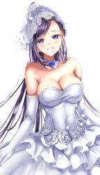 Rule 34 | 1girl, alternate costume, bad id, bad nicoseiga id, bare shoulders, breasts, bridal veil, bride, cleavage, commentary request, dragon quest, dragon quest xi, dress, elbow gloves, flower, gloves, jewelry, large breasts, long hair, looking at viewer, martina (dq11), necklace, ponytail, ponytail korosuke, purple eyes, purple hair, simple background, solo, veil, wedding, wedding dress, white background, white dress, white gloves