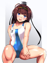 Rule 34 | 1girl, absurdres, ahoge, akizuki (kancolle), black hair, blue eyes, clothes writing, collarbone, competition swimsuit, cowboy shot, flat chest, hachimaki, head tilt, headband, headgear, highres, invisible chair, kantai collection, one-piece swimsuit, ponytail, sitting, solo, swimsuit, two-tone swimsuit, yellow quokka