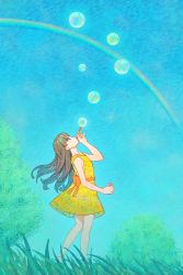 Rule 34 | 1girl, blue eyes, blue sky, bow, brown hair, bubble, blowing bubbles, dress, feet out of frame, grass, highres, long hair, nobile1031, orange bow, original, outdoors, profile, rainbow, sky, sleeveless, sleeveless dress, solo, standing, tree, wide shot, yellow dress