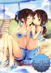 Rule 34 | 2girls, :o, absurdres, barefoot, beach umbrella, bikini, brown eyes, brown hair, closed eyes, female focus, food, hair ribbon, hand on ankle, highres, ice cream, ice cream spoon, kyuri, legs, long hair, looking at another, multiple girls, navel, open mouth, original, ponytail, power lines, ribbon, sandals, short hair, sitting, skirt, smile, soaking feet, spoon, stairs, swimsuit, umbrella, utility pole, water, yuri